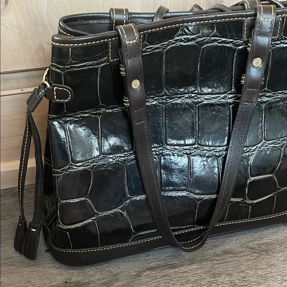 Vintage‎ Dooney & Bourke Croco Embossed Leather Tote - Dark Brown / Black